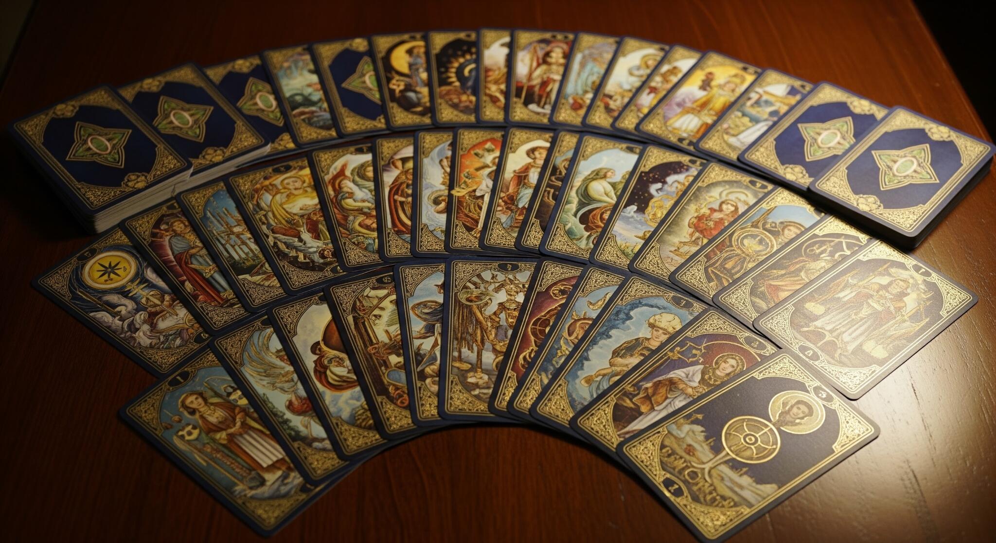 tarotkort lagt utover et bord
