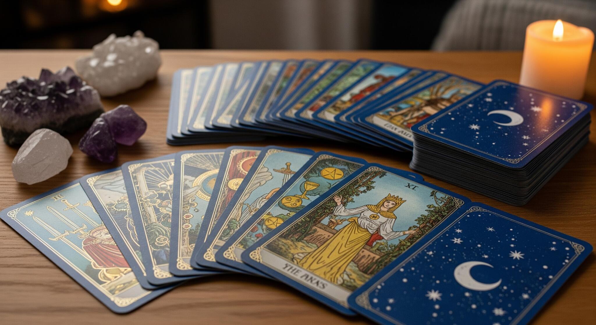 tarotkort ligger utover et bord